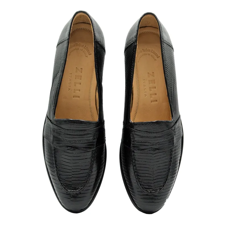 14-202-BLK ROSSI Teju Lizard Penny Loafer, Black