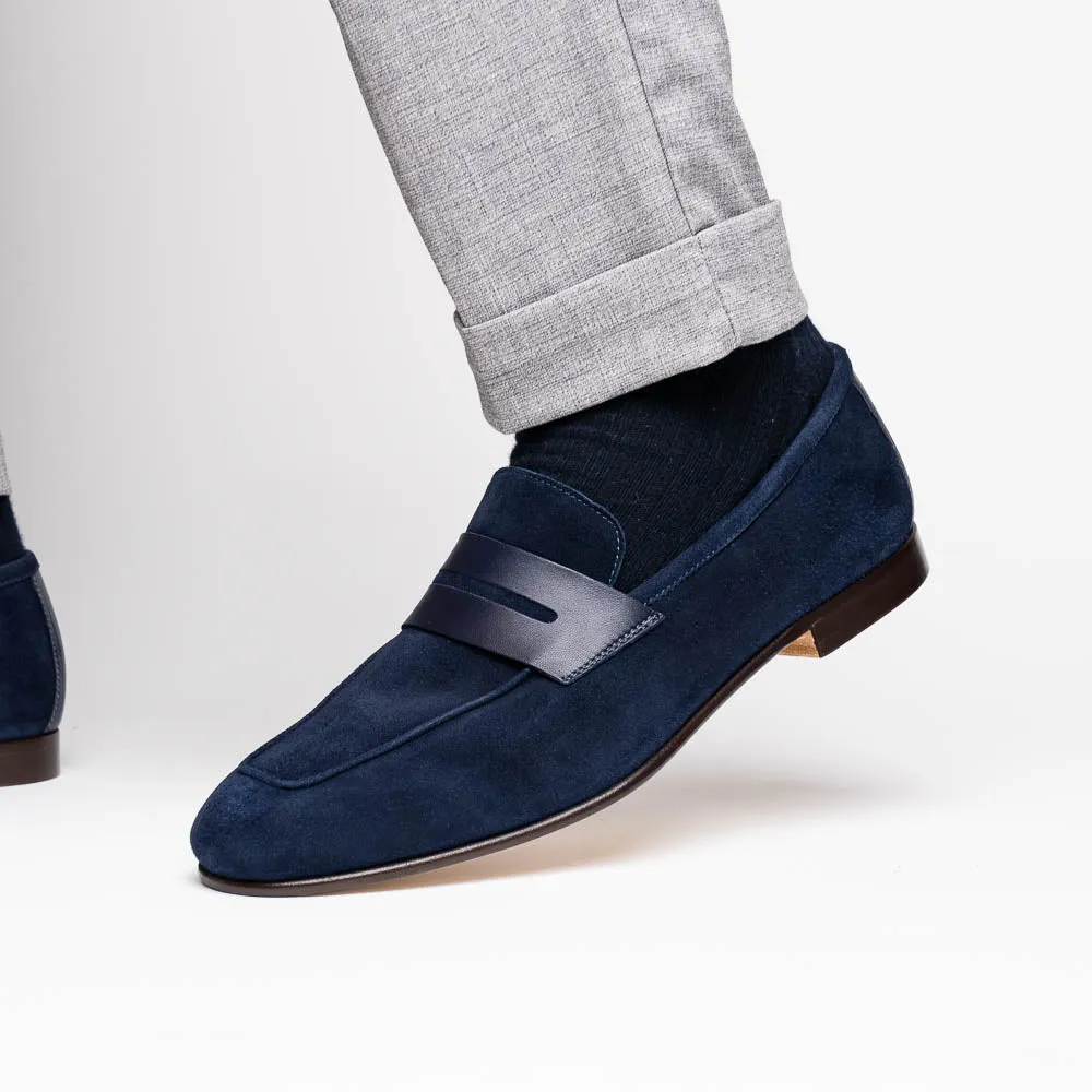 16-672-NVY Tippa Suede & Calfskin Penny Loafers Navy