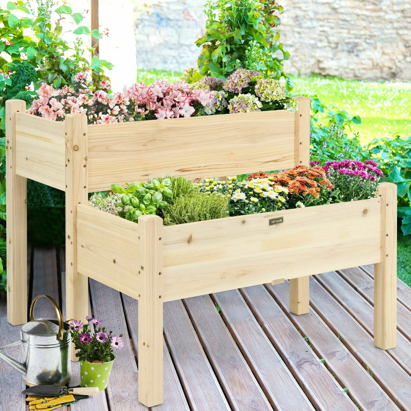 2 Tier Wooden Raised Planter Flower Box-Natural