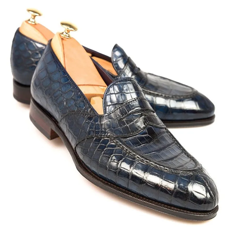 6 CM/2.36 Inches CMR CHAMARIPA Men's Handcrafted Navy Alligator Leather Penny Loafers