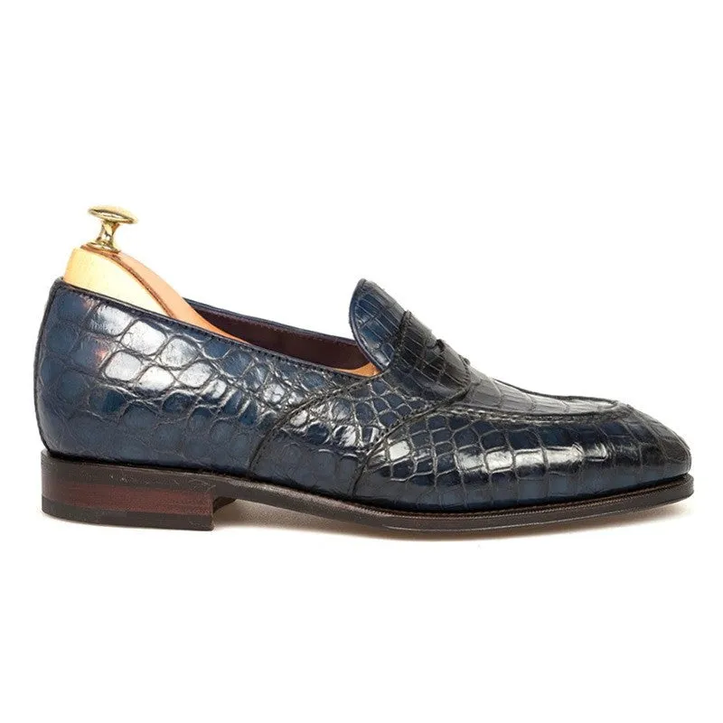 6 CM/2.36 Inches CMR CHAMARIPA Men's Handcrafted Navy Alligator Leather Penny Loafers