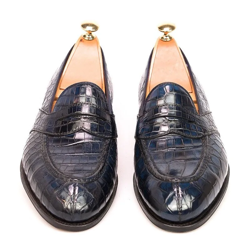 6 CM/2.36 Inches CMR CHAMARIPA Men's Handcrafted Navy Alligator Leather Penny Loafers