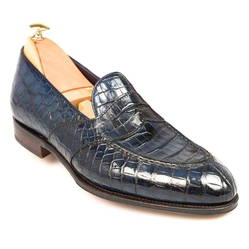 6 CM/2.36 Inches CMR CHAMARIPA Men's Handcrafted Navy Alligator Leather Penny Loafers