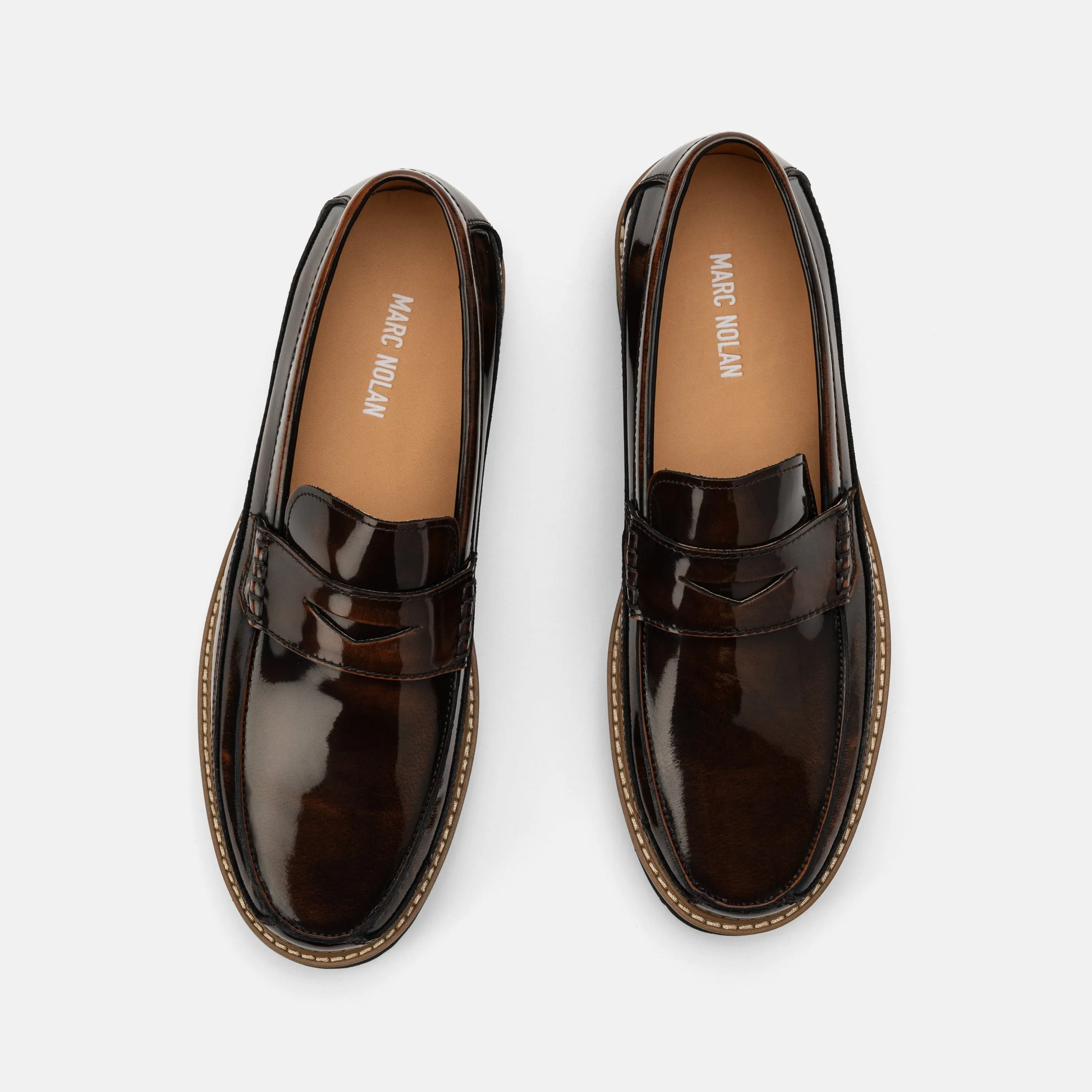 Adler Mahogany Patent Leather Lug Penny Loafers