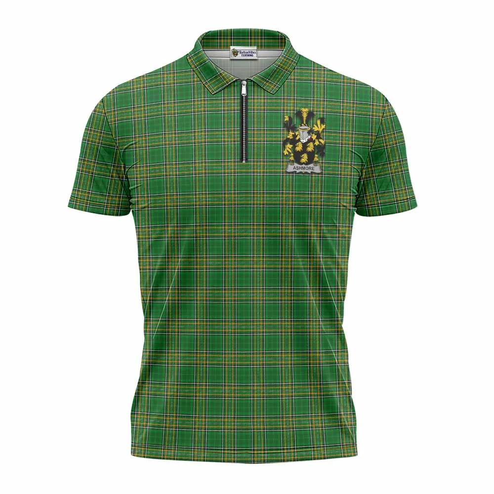 Ashmore Irish Clan Tartan Zipper Polo Shirt with Coat of Arms