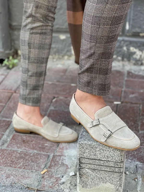 Beige Suede Monk Strap Loafers for Men by GentWith | Worldwide Shipping