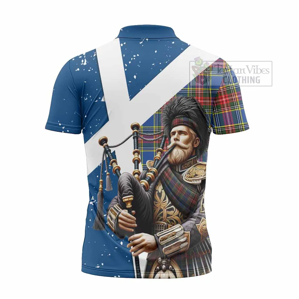 Bethune Tartan Zipper Polo Shirt with Family Crest Scottish Bagpiper Vibes