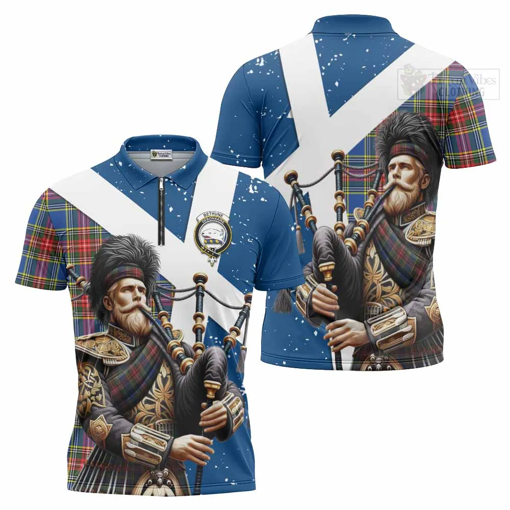 Bethune Tartan Zipper Polo Shirt with Family Crest Scottish Bagpiper Vibes