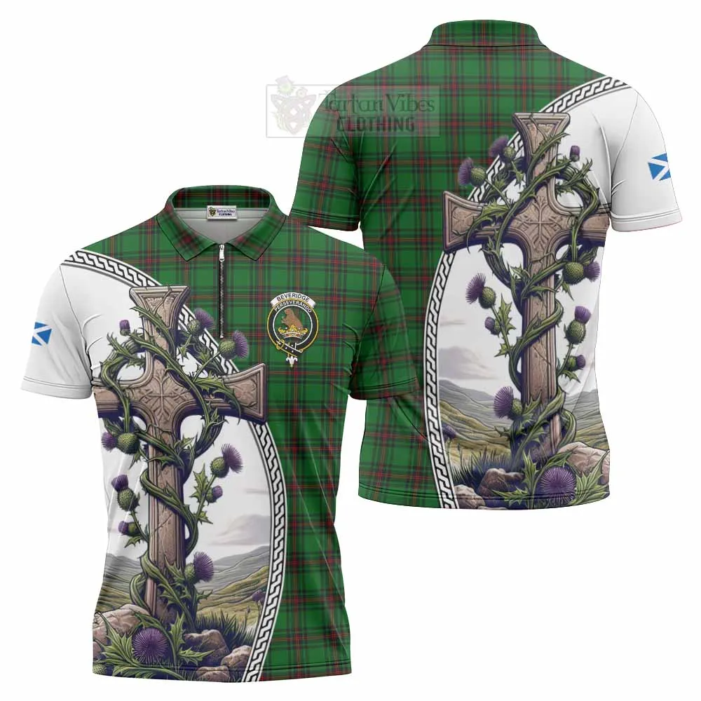 Beveridge Tartan Zipper Polo Shirt with Family Crest and St. Andrew's Cross Accented by Thistle Vines