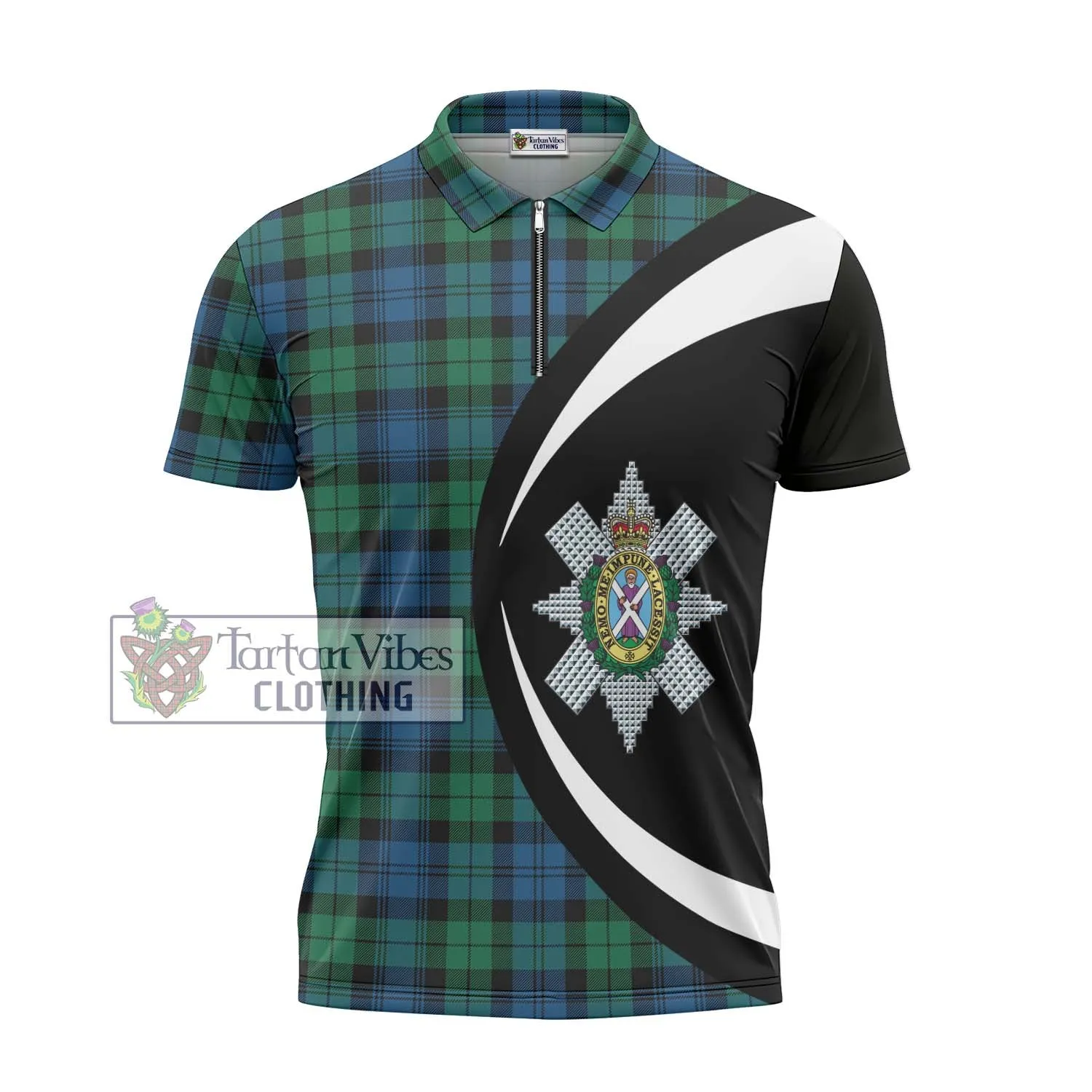 Black Watch Ancient Tartan Zipper Polo Shirt with Family Crest Circle Style