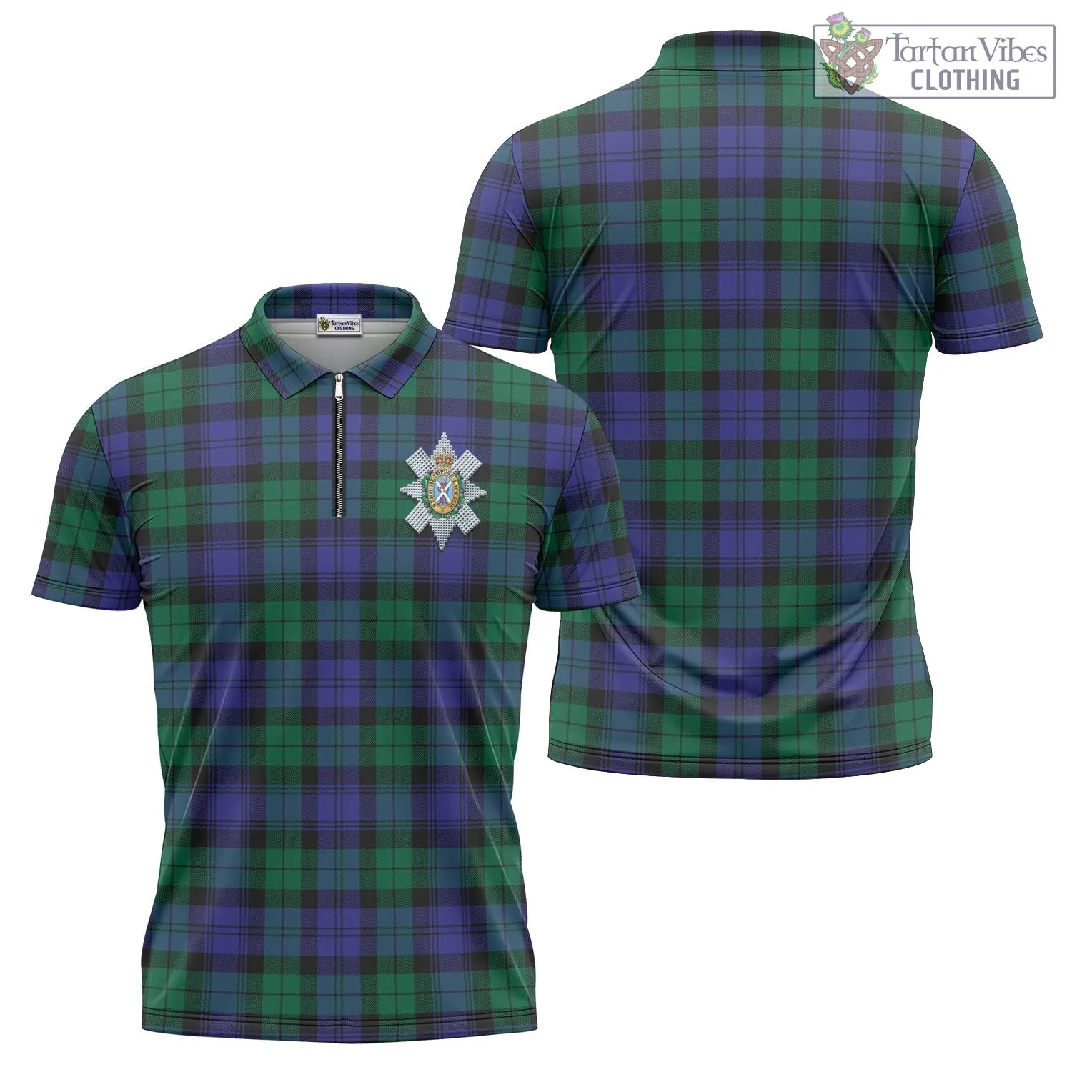 Black Watch Modern Tartan Zipper Polo Shirt with Family Crest