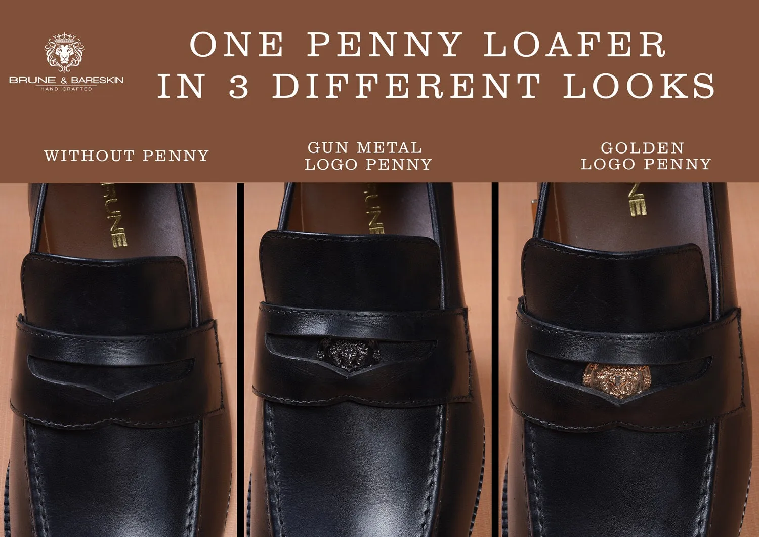 Brand Lion Logo Penny Loafers in Black Leather