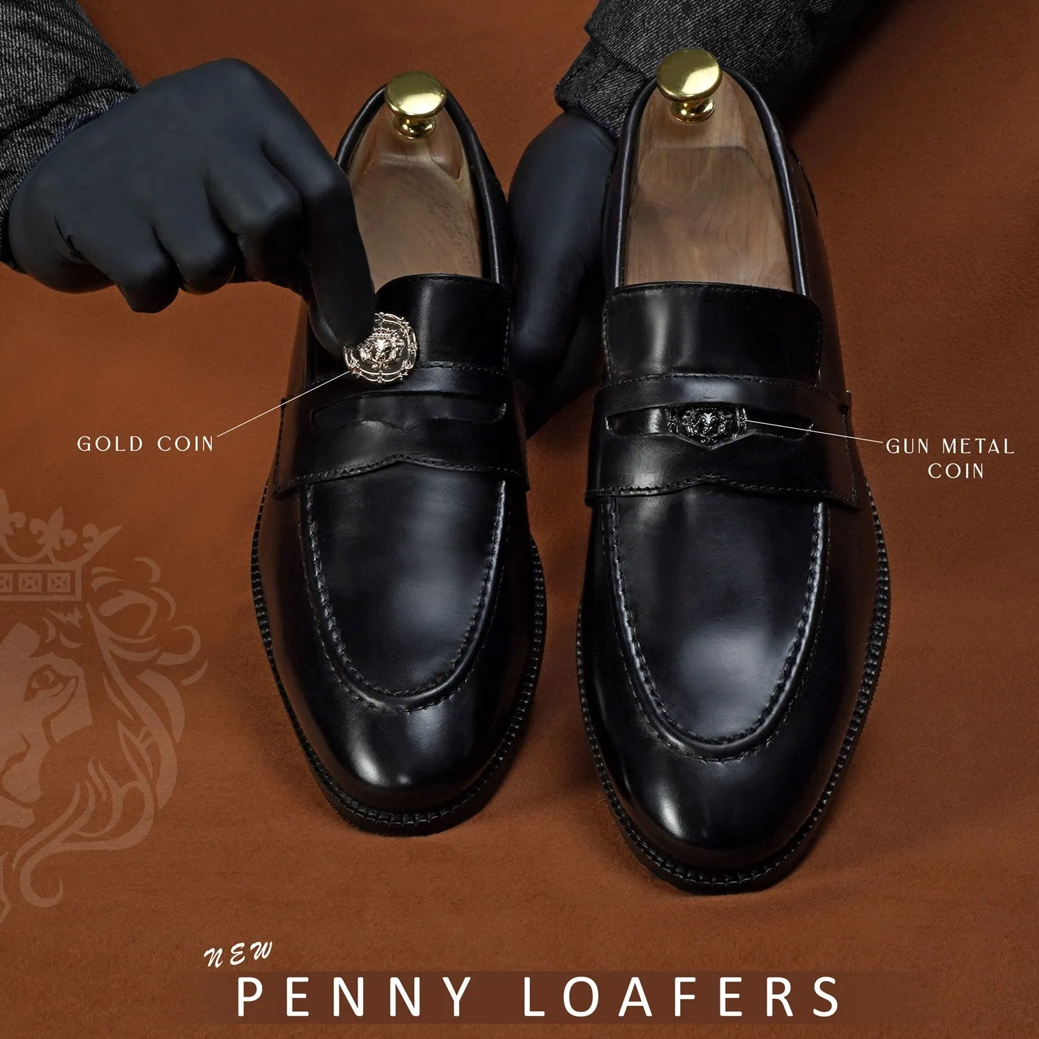 Brand Lion Logo Penny Loafers in Black Leather