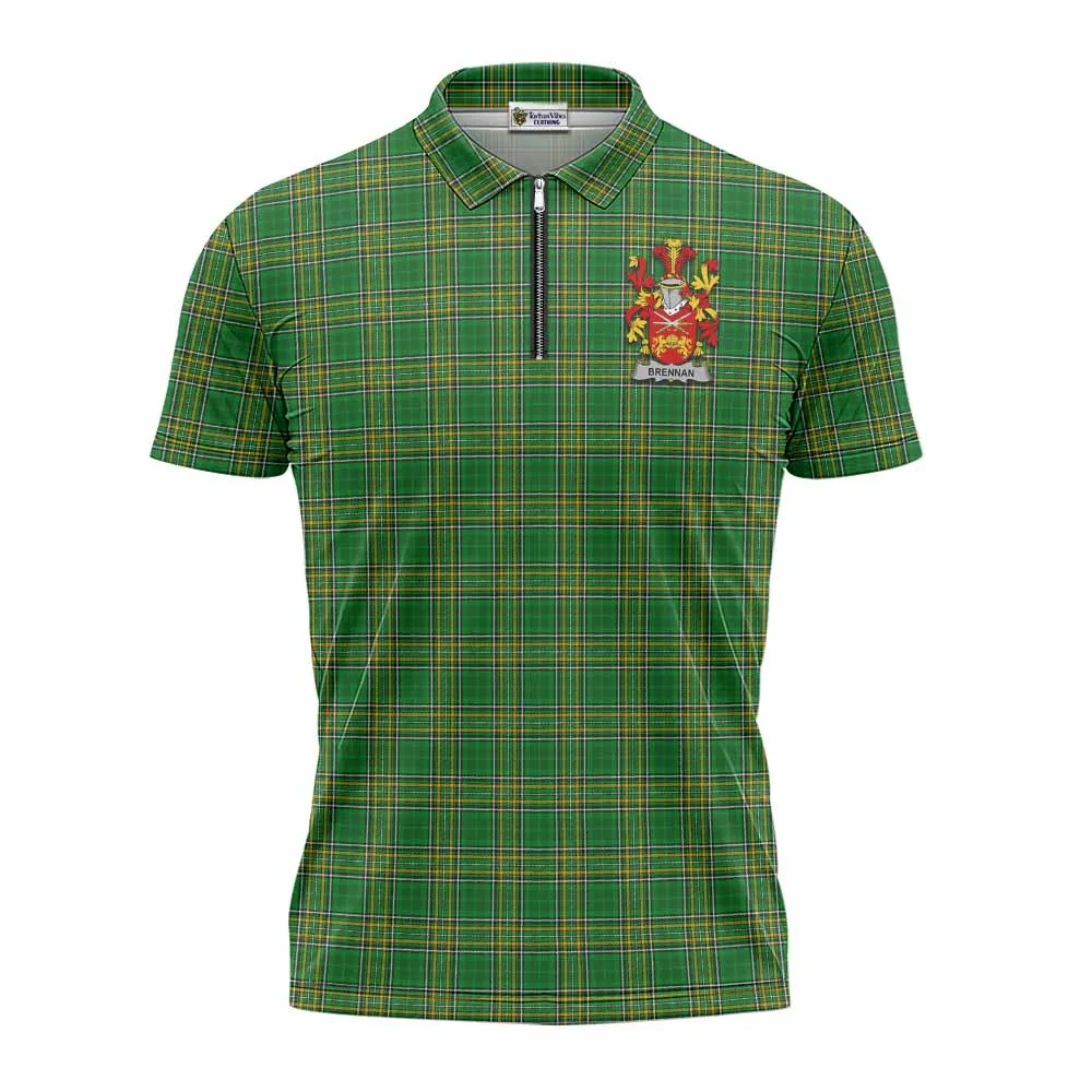 Brennan Irish Clan Tartan Zipper Polo Shirt with Coat of Arms