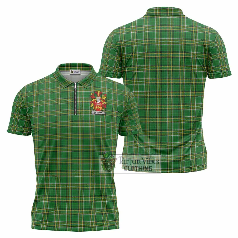 Brennan Irish Clan Tartan Zipper Polo Shirt with Coat of Arms