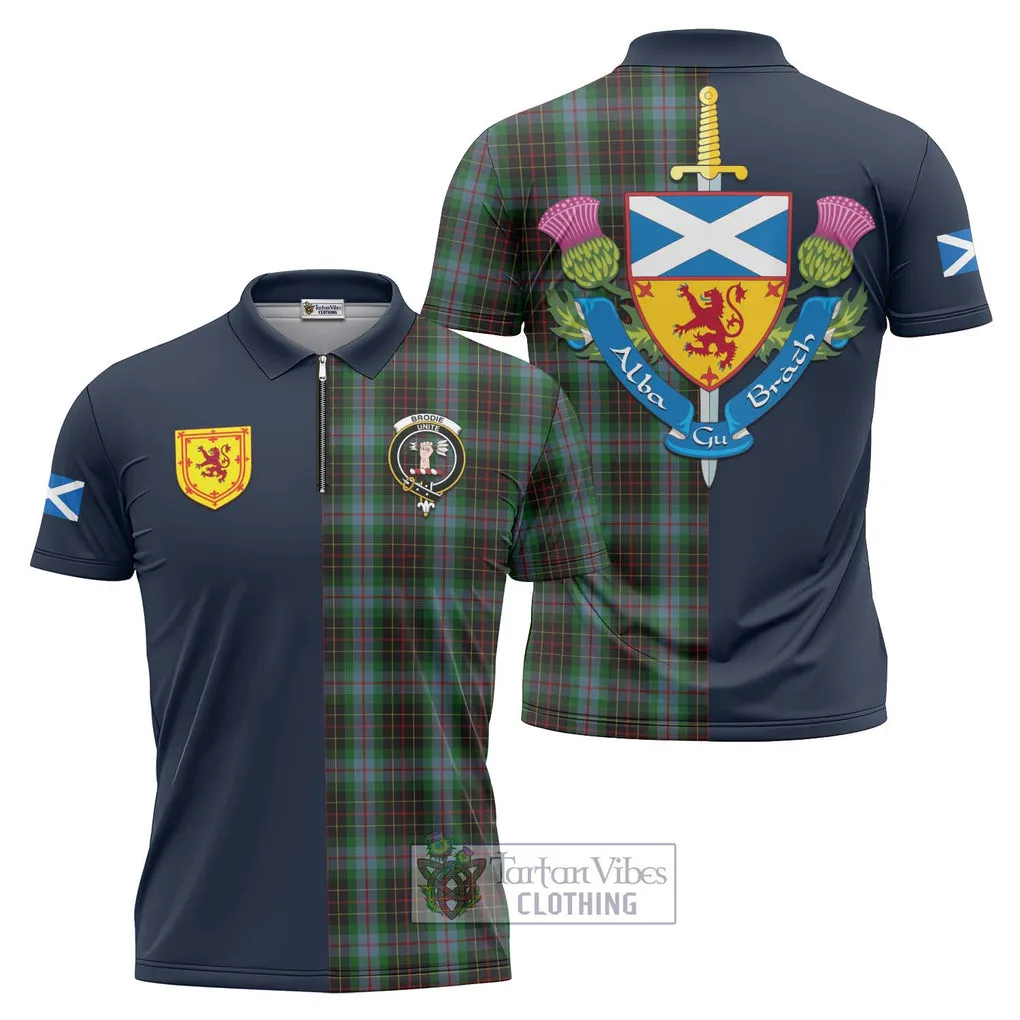 Brodie Hunting Tartan Zipper Polo Shirt Alba with Scottish Lion Royal Arm Half Style