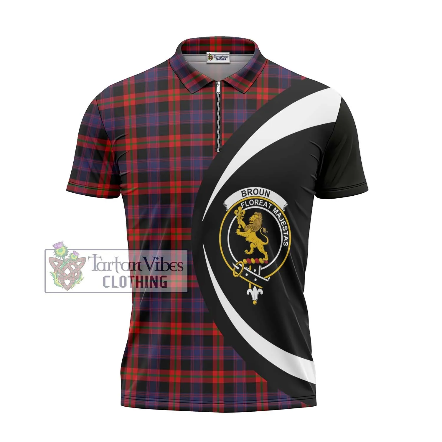 Broun Modern Tartan Zipper Polo Shirt with Family Crest Circle Style