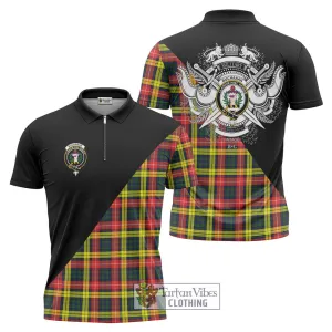 Buchanan Modern Tartan Zipper Polo Shirt with Family Crest and Military Logo Style