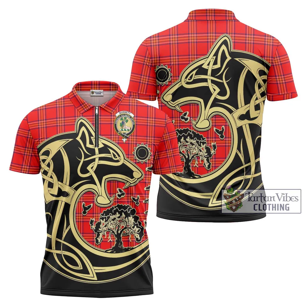 Burnett Modern Tartan Zipper Polo Shirt with Family Crest Celtic Wolf Style