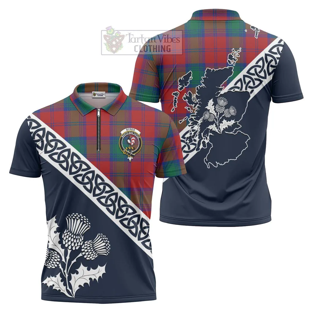 Byres (Byses) Tartan Zipper Polo Shirt Featuring Thistle and Scotland Map