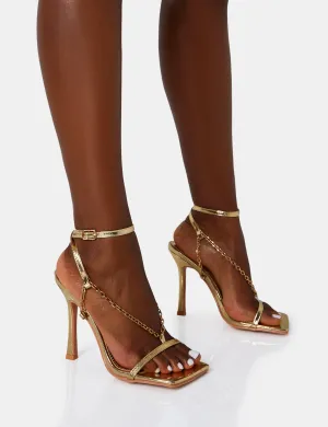 Catwalk Gold Pu Chain Strappy Square Toe Stiletto Heels