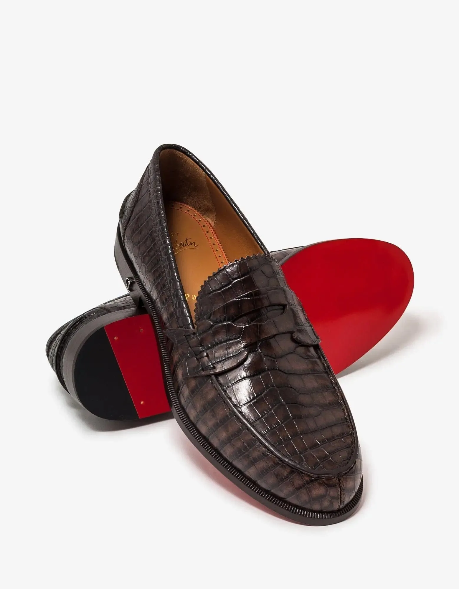 Christian Louboutin No Penny Mini-Croc Brown Loafers -