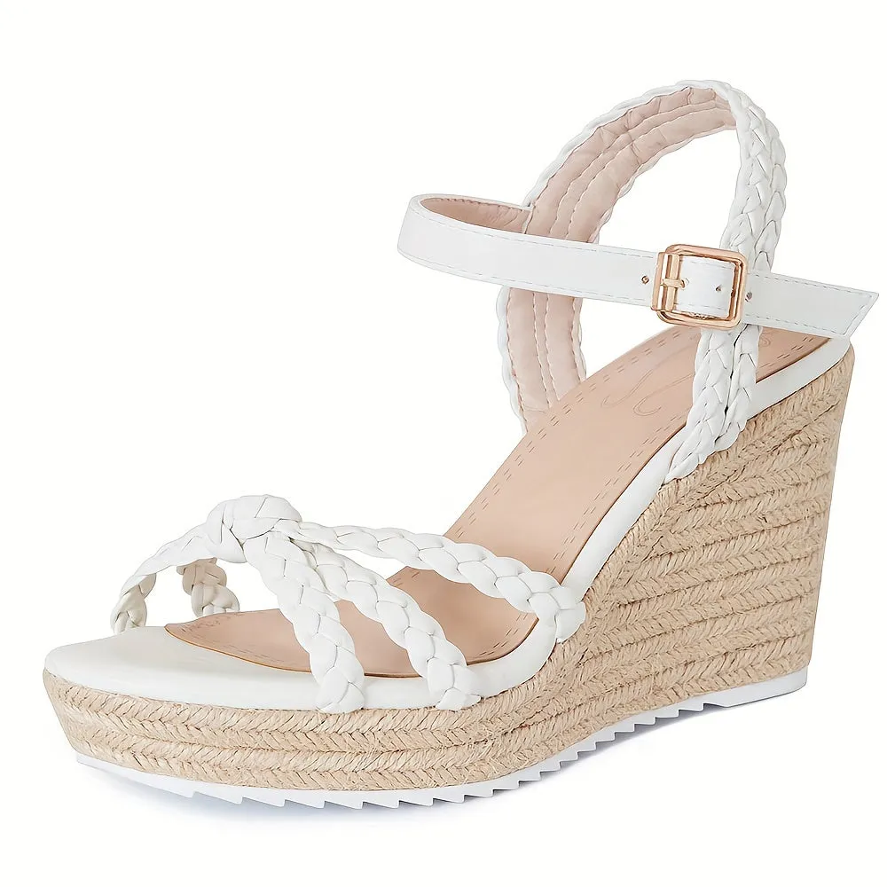 Classic Women's Braided Ankle Strap, Open Toe Platform, Espadrille Wedge Sandals