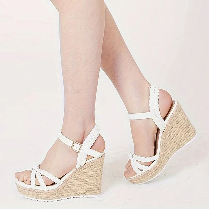 Classic Women's Braided Ankle Strap, Open Toe Platform, Espadrille Wedge Sandals