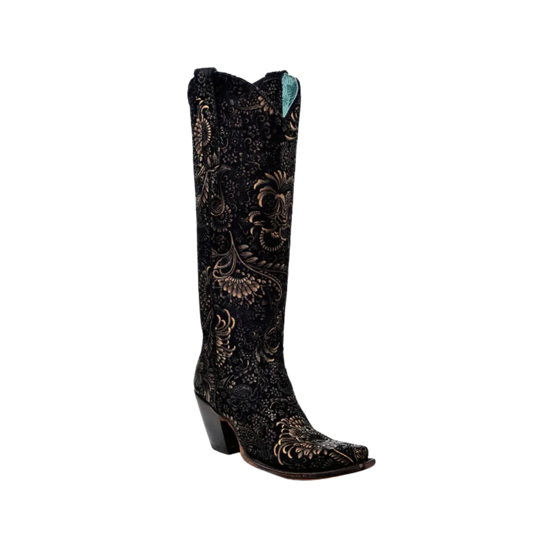 Corral Women's Stamped Floral Western Black & Gold Boots