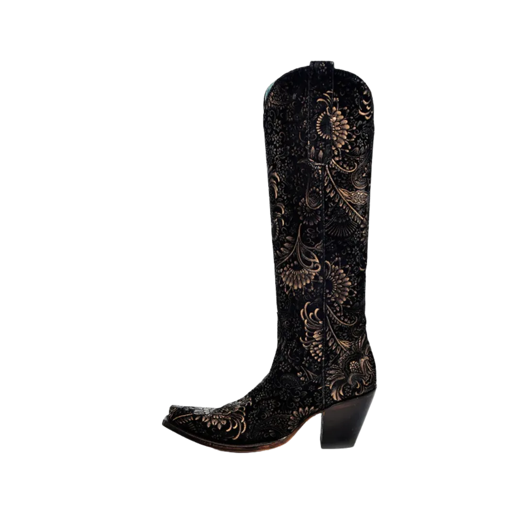 Corral Women's Stamped Floral Western Black & Gold Boots