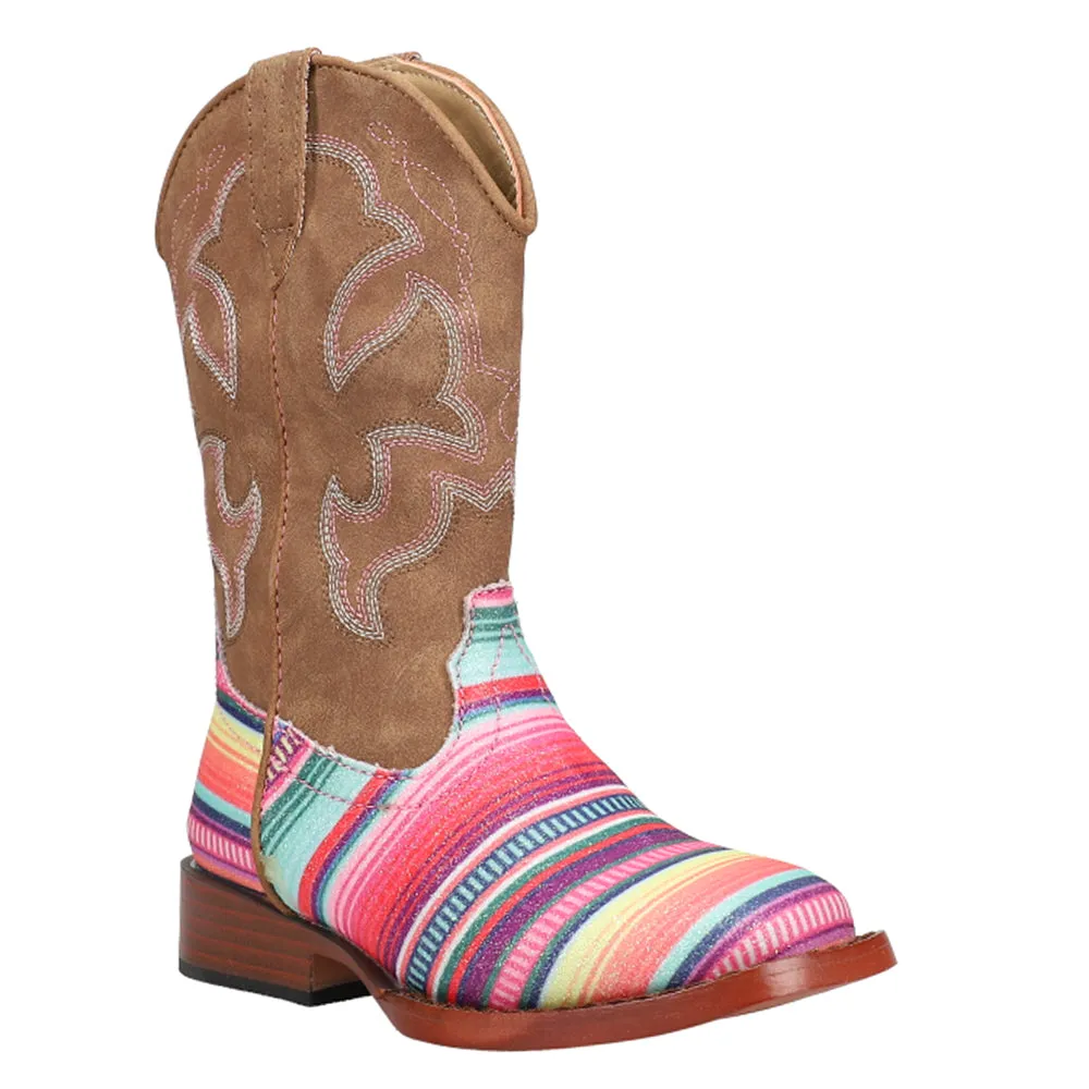 Glitter Serape Striped Embroidered Square Toe Cowboy Boots (Youth)