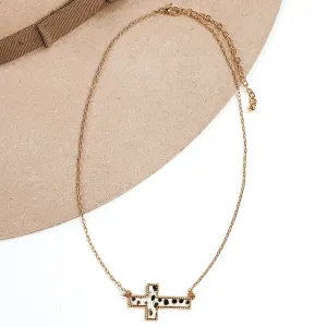 Gold Paperclip Chain Necklace with Cross Pendant in White Dotted Print