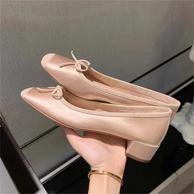 Hnzxzm Fashion Elegant Silk Ballerinas Women Pumps Slip On Loafers Round Toe Square Heels Bowknot Casual Spring Autumn Shoes