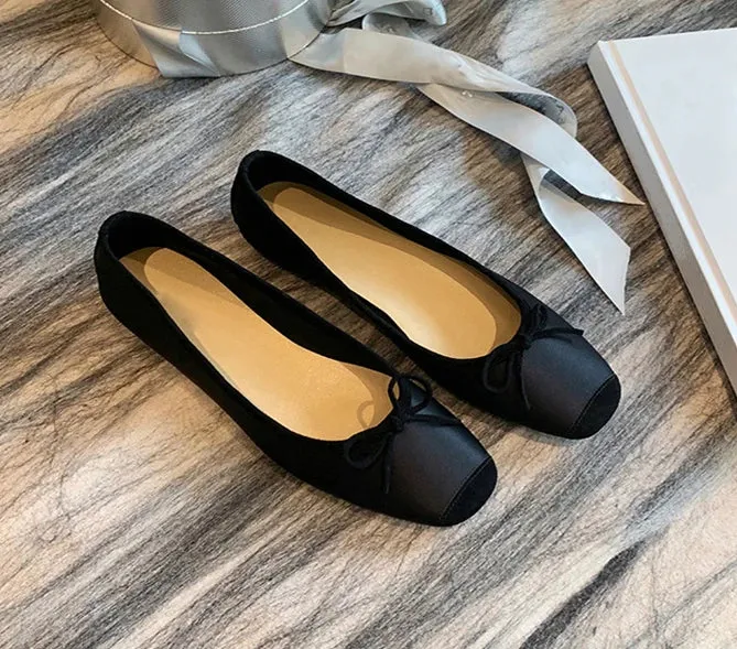 Hnzxzm Fashion Elegant Silk Ballerinas Women Pumps Slip On Loafers Round Toe Square Heels Bowknot Casual Spring Autumn Shoes