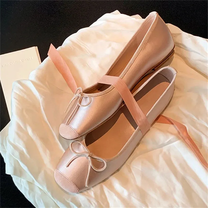 Hnzxzm Fashion Elegant Silk Ballerinas Women Pumps Slip On Loafers Round Toe Square Heels Bowknot Casual Spring Autumn Shoes