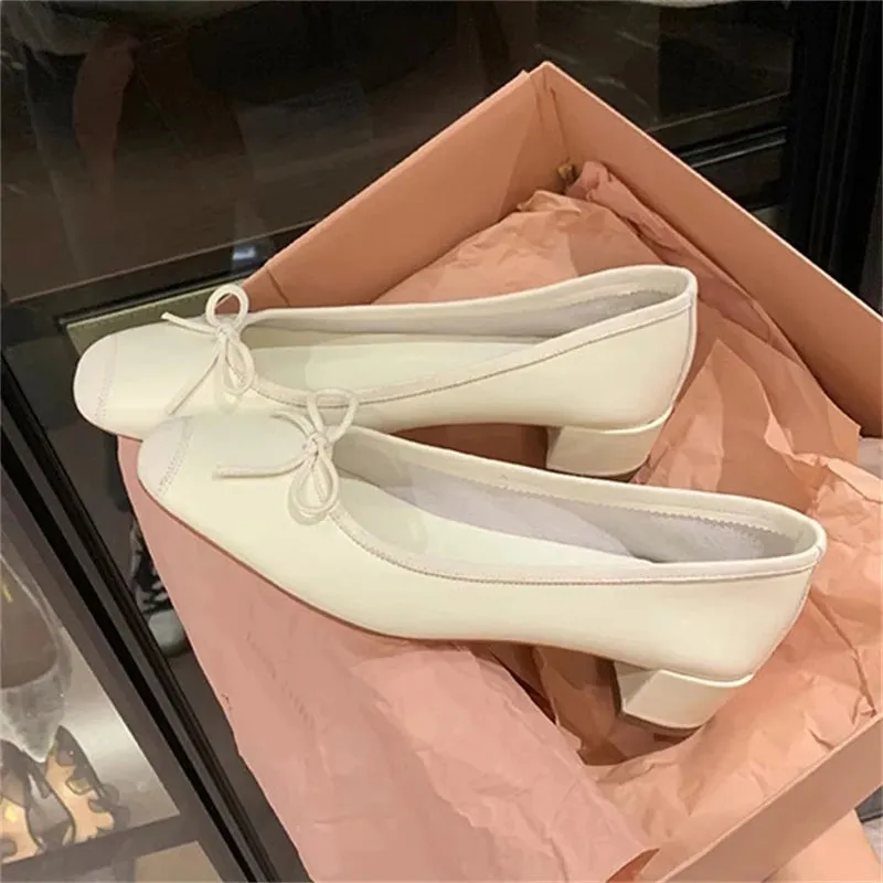 Hnzxzm Fashion Elegant Silk Ballerinas Women Pumps Slip On Loafers Round Toe Square Heels Bowknot Casual Spring Autumn Shoes