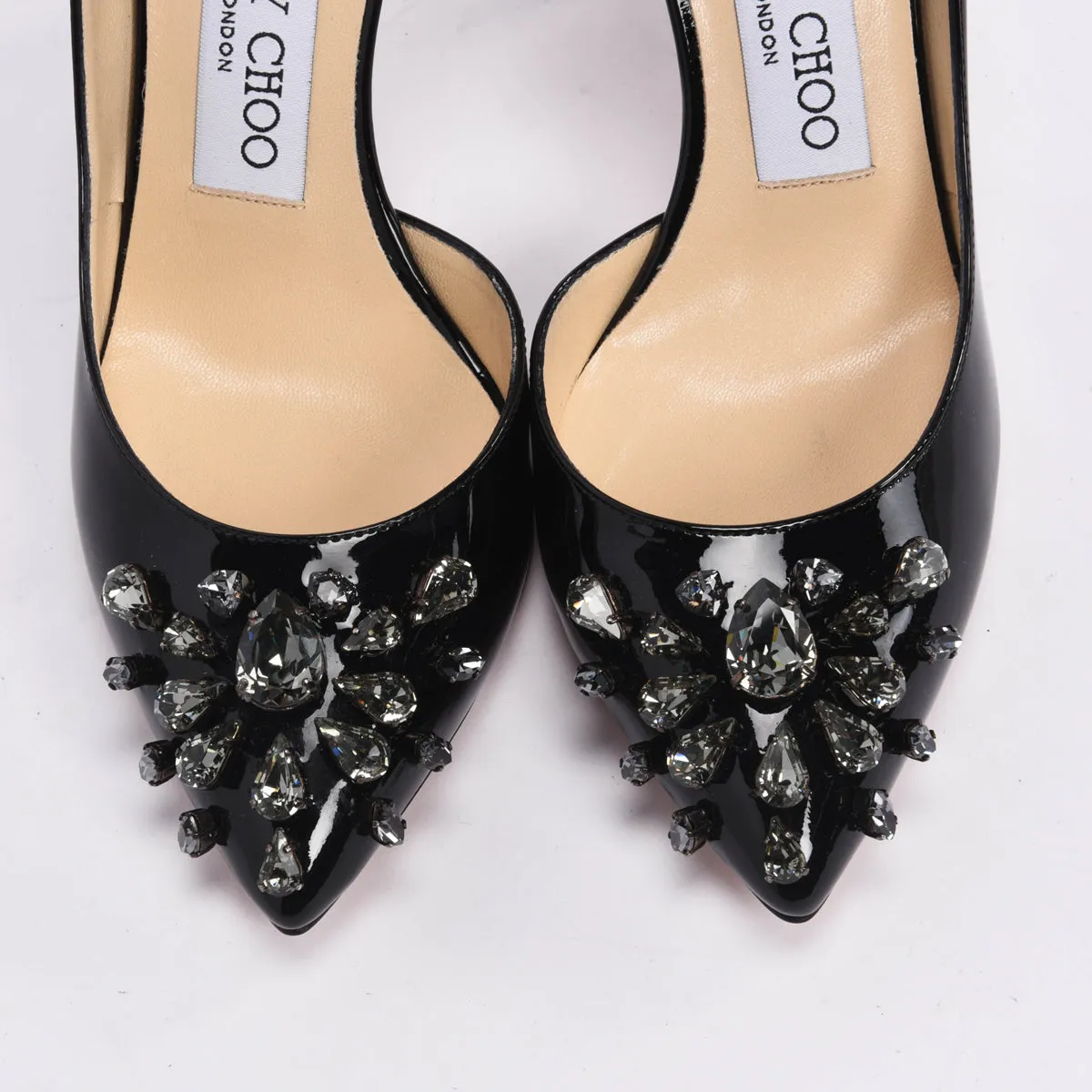 Jimmy Choo Black Patent Crystal Embellished Lucy Pumps 34