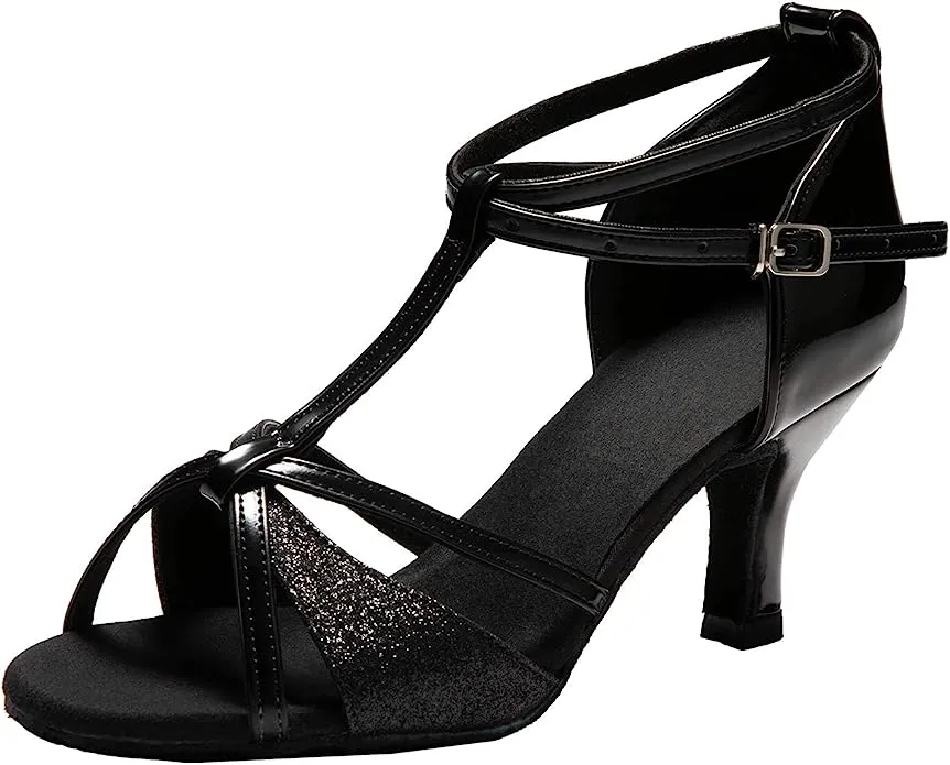 Latin Ballroom T-strap Dance Salsa shoes with Glitter Satin