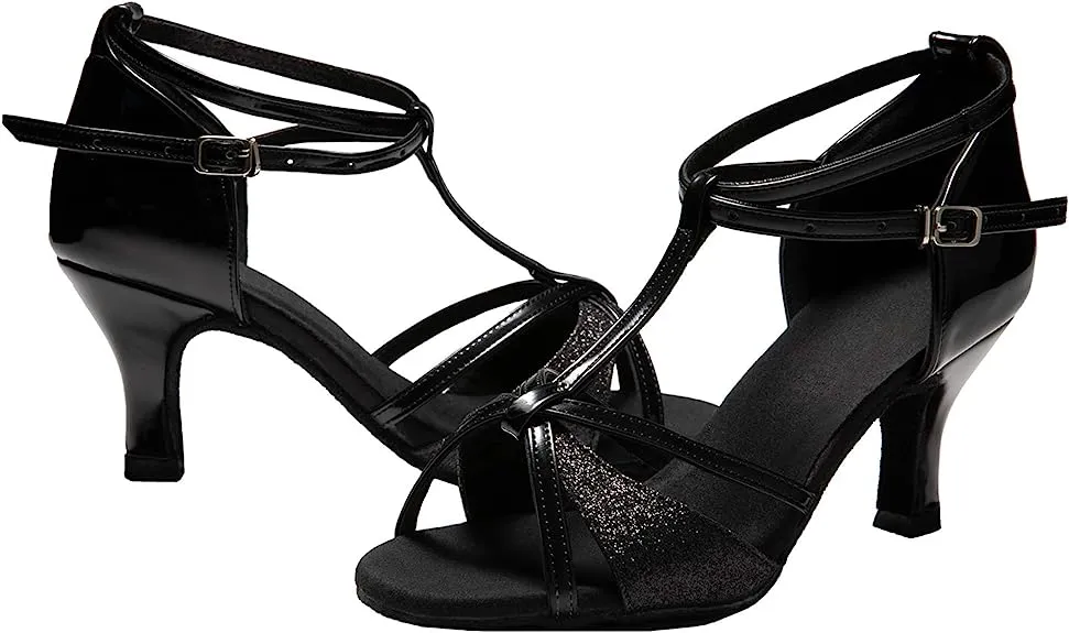 Latin Ballroom T-strap Dance Salsa shoes with Glitter Satin