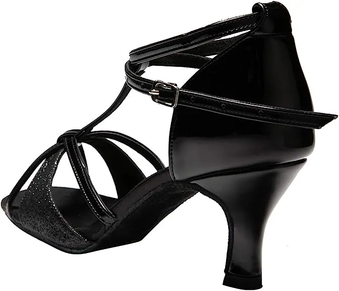 Latin Ballroom T-strap Dance Salsa shoes with Glitter Satin