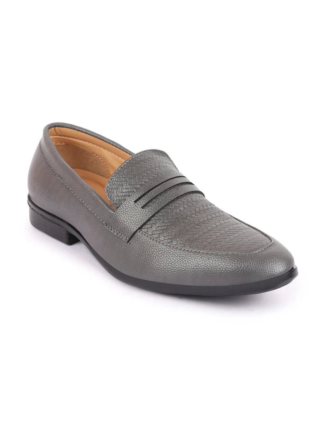 Men Grey Textured Print All Day Comfort Formal Party Penny Loafer Slip-On Shoes