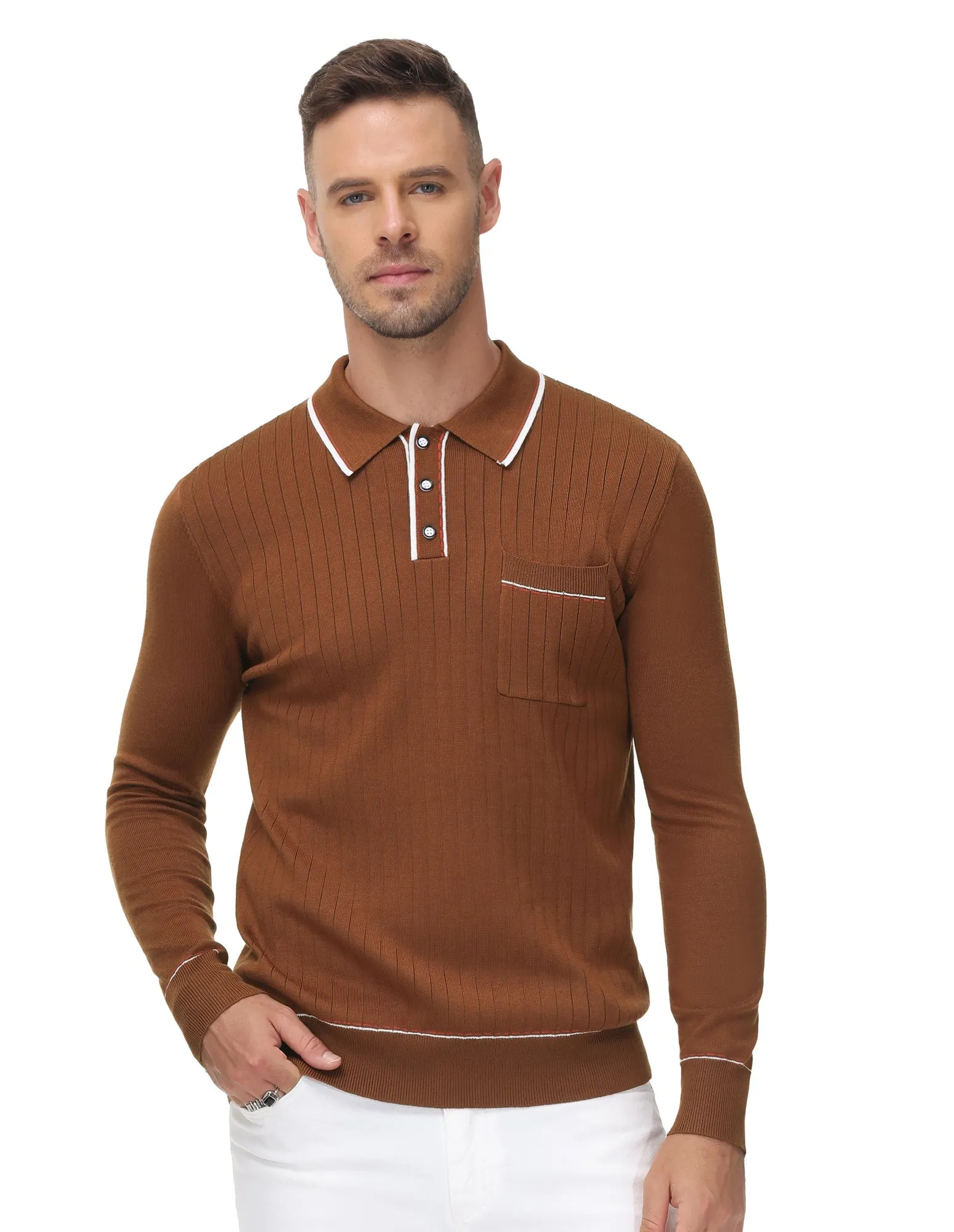 Men Ribbed Sweater Long Sleeve Lapel Collar Button-up Neck Pullover Knitwear Shirts