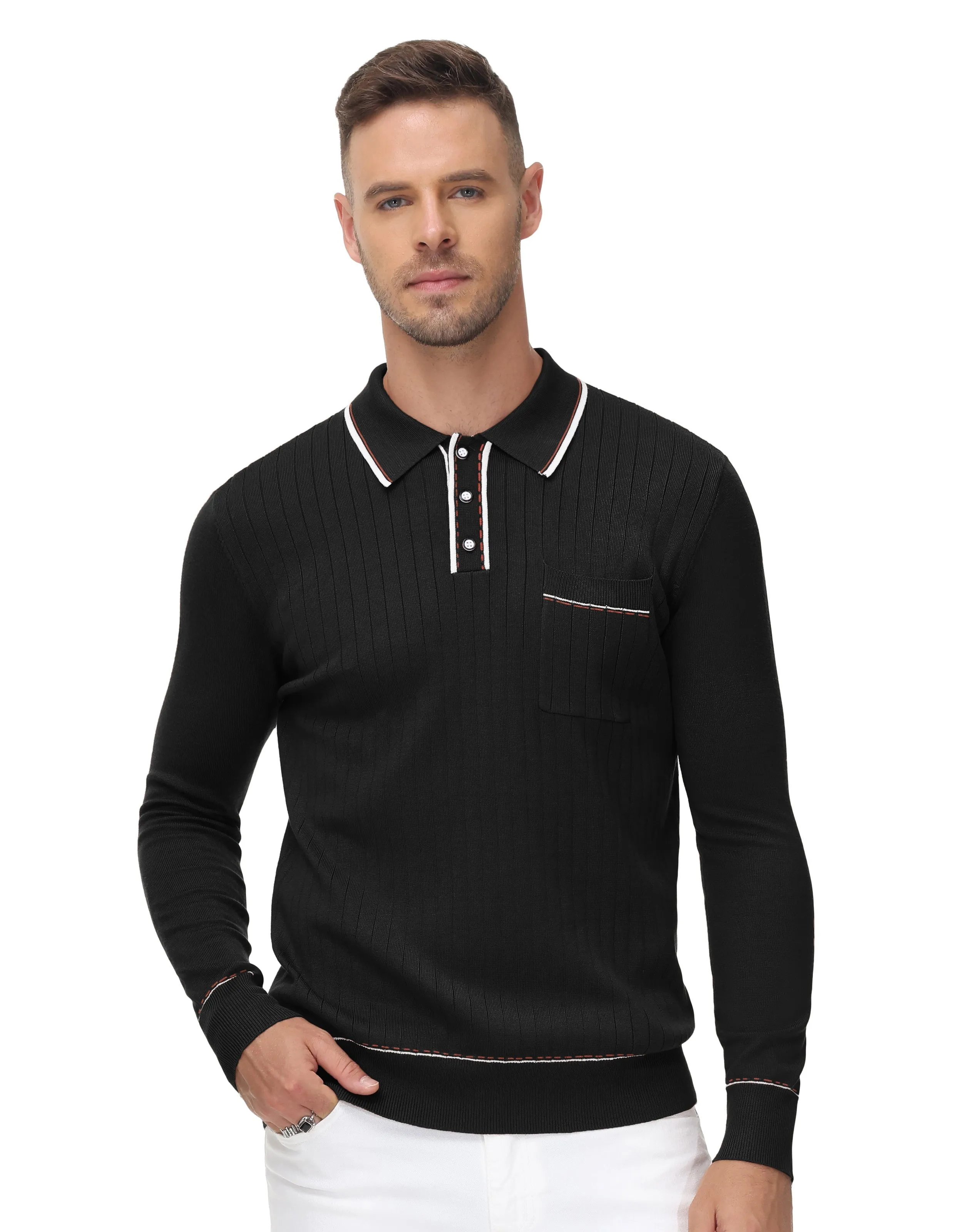 Men Ribbed Sweater Long Sleeve Lapel Collar Button-up Neck Pullover Knitwear Shirts