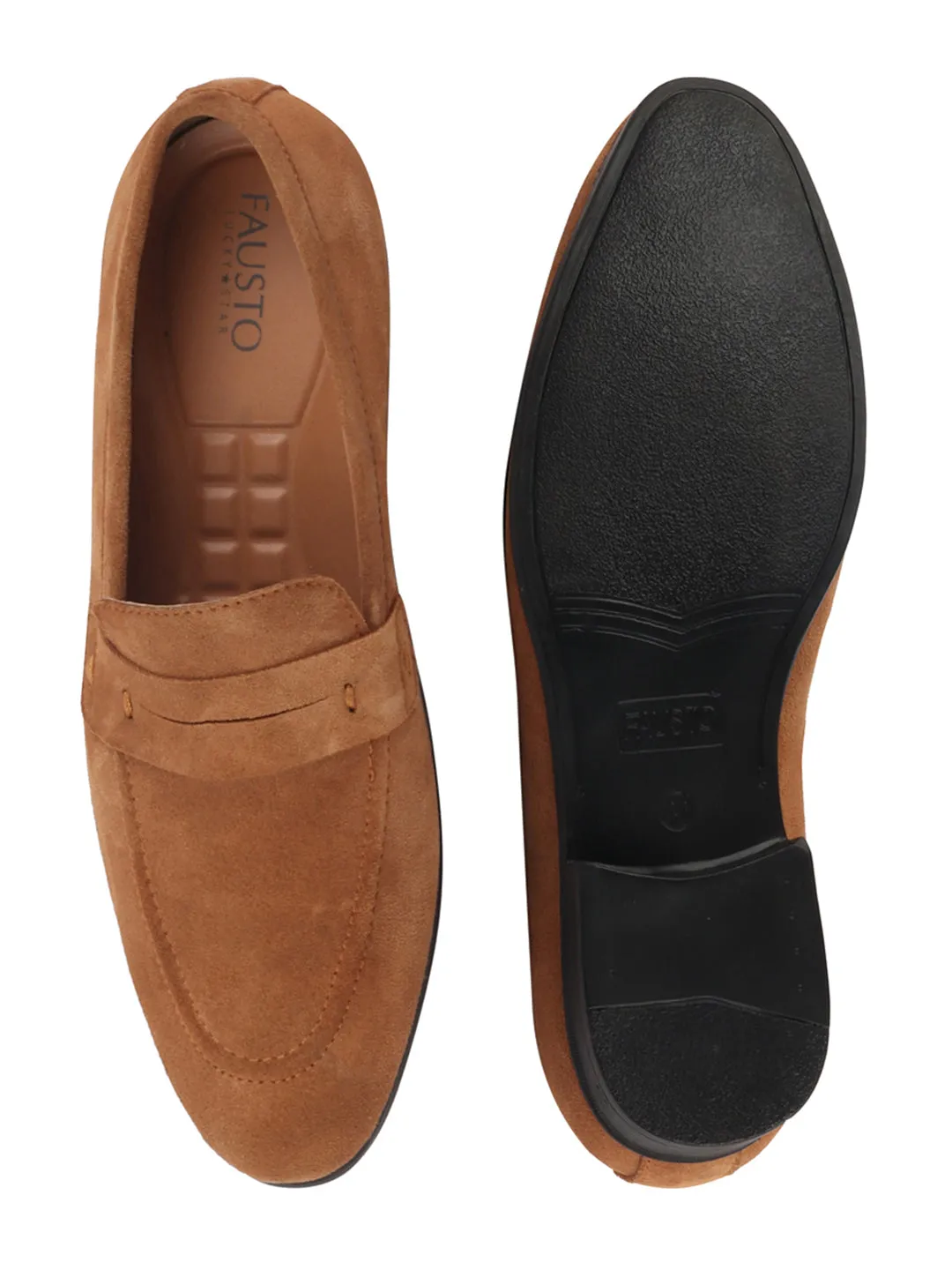 Men Tan Suede Leather Penny Loafer Shoes