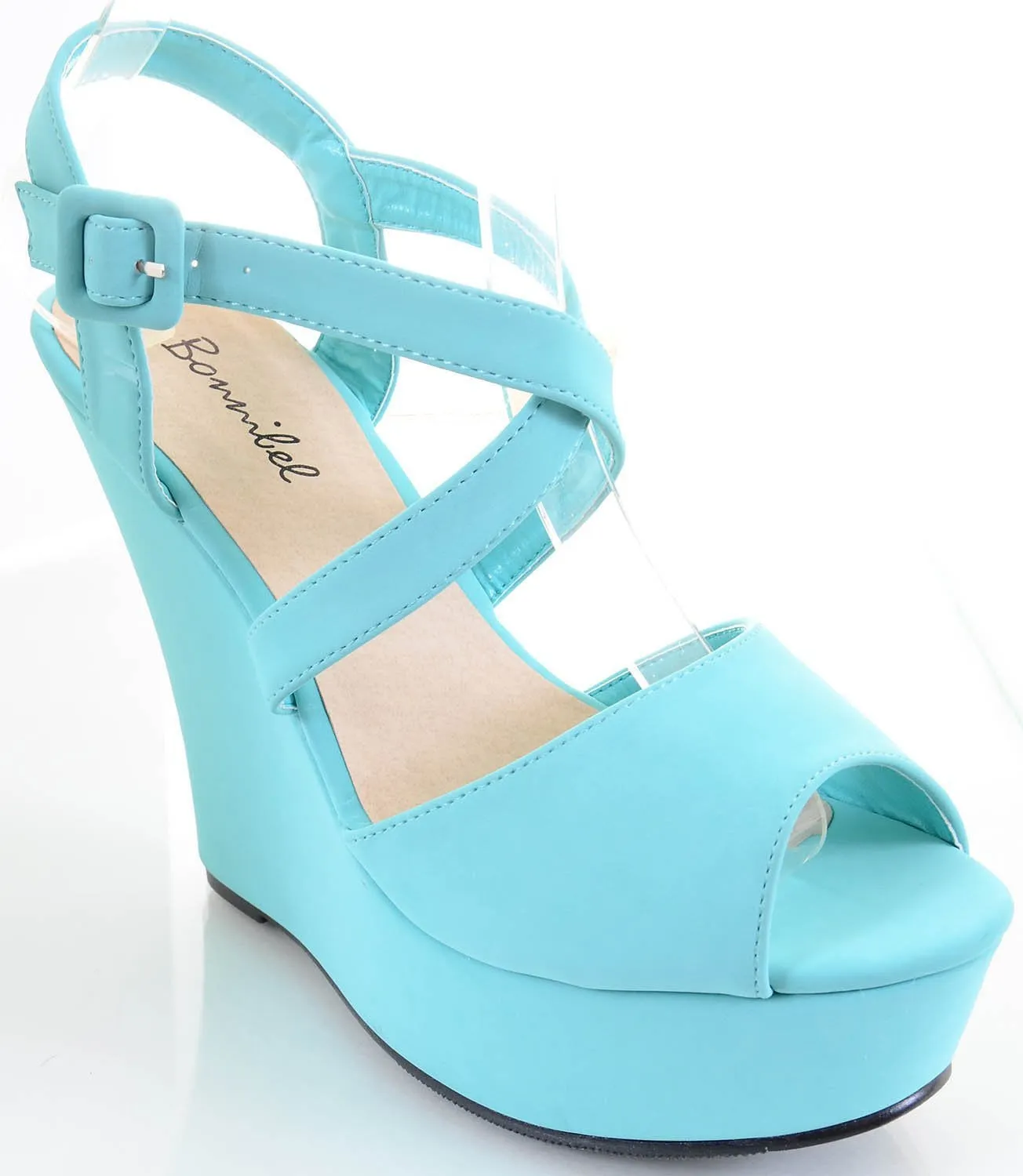 Mint Green Strappy Criss Cross Wedge Platform Sandal