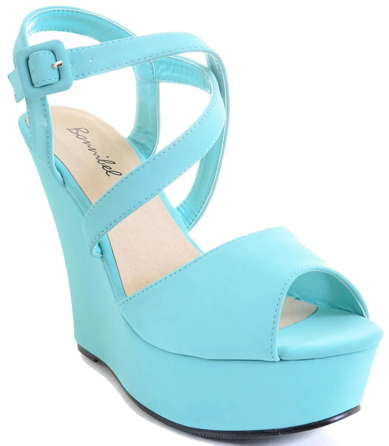 Mint Green Strappy Criss Cross Wedge Platform Sandal