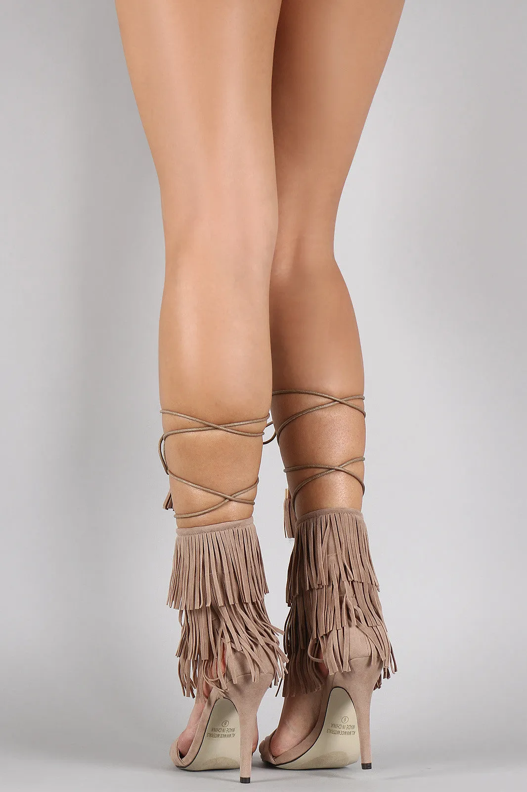 Misty -  Fringe Cuff Tassel Lace Up Open Toe Heel