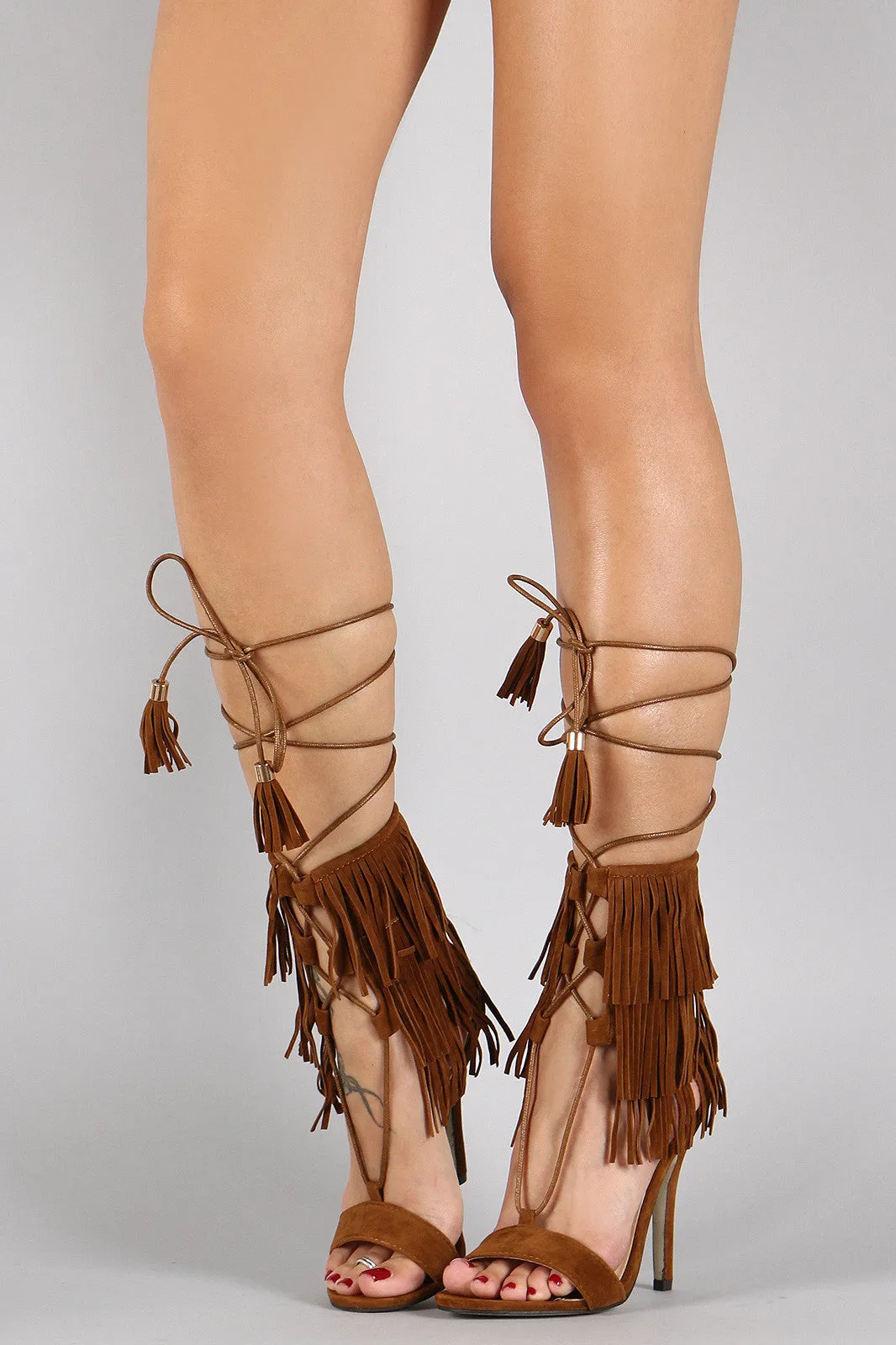 Misty -  Fringe Cuff Tassel Lace Up Open Toe Heel