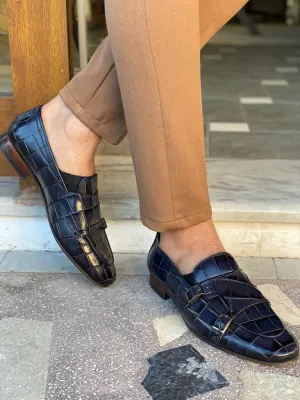 Navy Blue Double Monk Strap Loafers for Men by GentWith.com