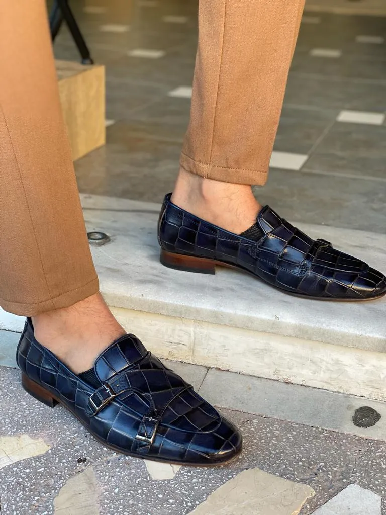 Navy Blue Double Monk Strap Loafers for Men by GentWith.com